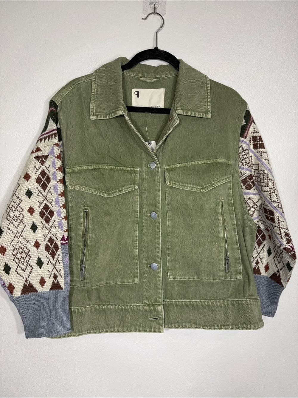 Pilcro Olive Green Utility Jacket with Patterned sweater Knit Sleeves NWT Small
